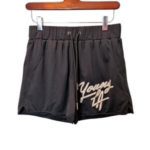 YoungLA Men's Sz S Black Legacy Mesh Shorts Elastic Tie Waist Spellout Workout